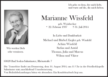 Traueranzeige von Marianne Wissfeld 