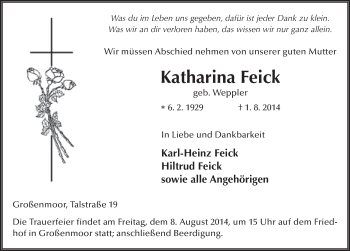 Traueranzeige von Katharina Feick 