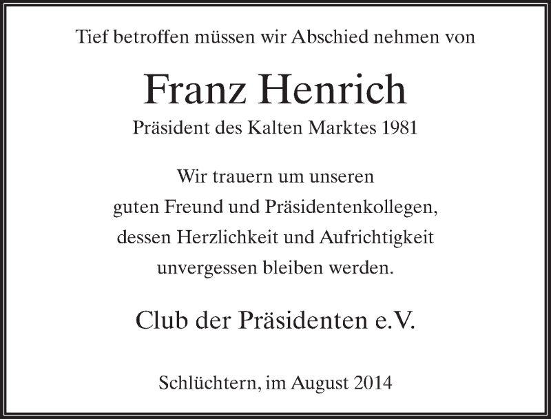  Traueranzeige für Franz Henrich vom 06.08.2014 aus 