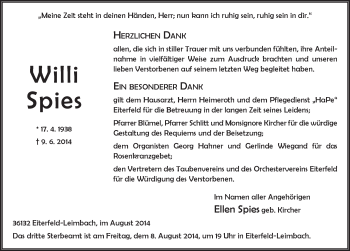 Traueranzeige von Willi Spies 
