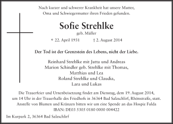 Traueranzeige von Sofie Strehlke 