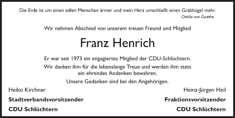  Traueranzeige für Franz Henrich vom 06.08.2014 aus 
