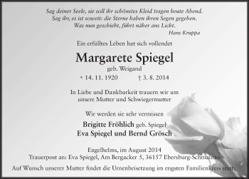 Traueranzeige von Margarete Spiegel 