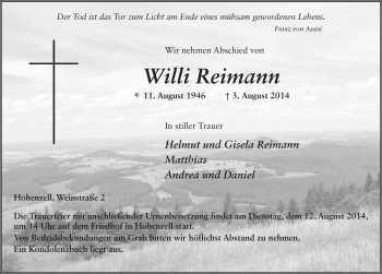 Traueranzeige von Willi Reimann 