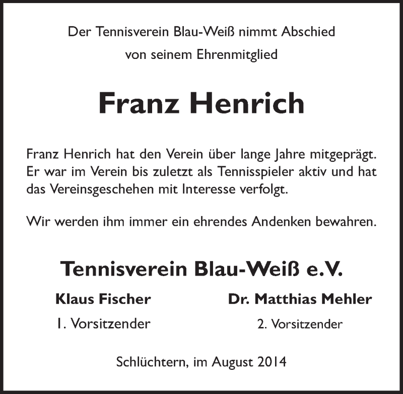  Traueranzeige für Franz Henrich vom 07.08.2014 aus 