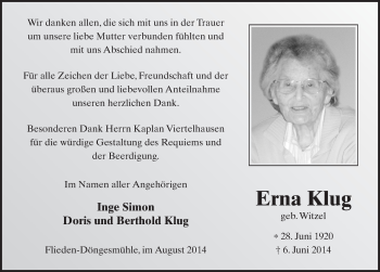 Traueranzeige von Erna Klug 