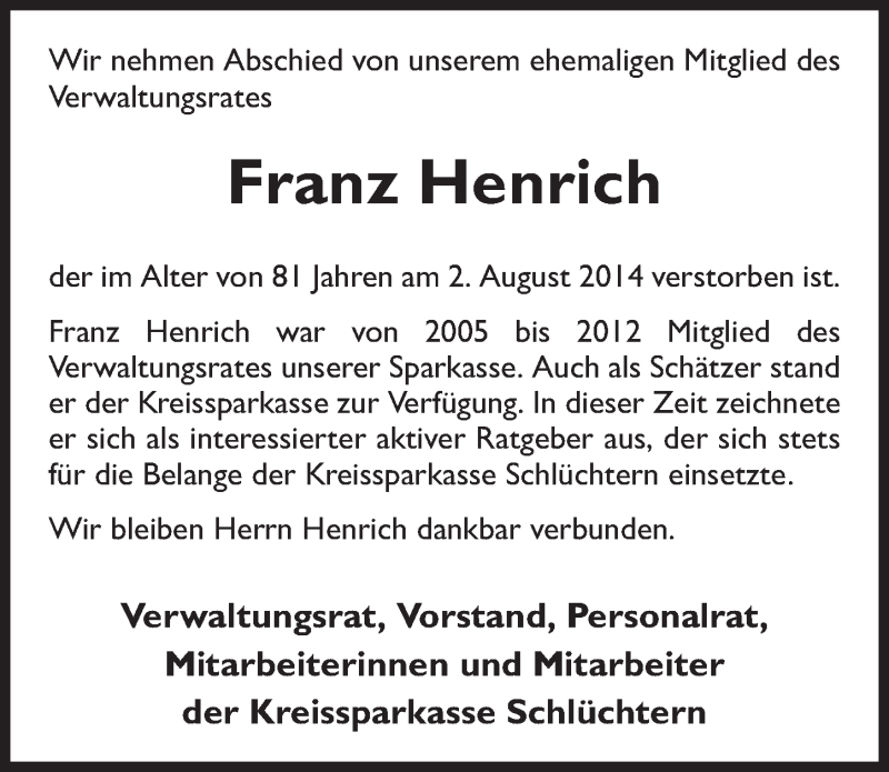  Traueranzeige für Franz Henrich vom 07.08.2014 aus 