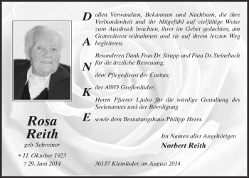 Traueranzeige von Rosa Reith 
