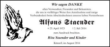 Traueranzeige von Alfons Staender 