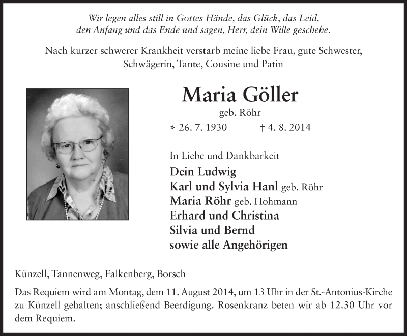  Traueranzeige für Maria Göller vom 08.08.2014 aus 