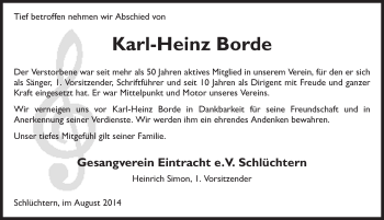 Traueranzeige von Karl-Heinz Borde 