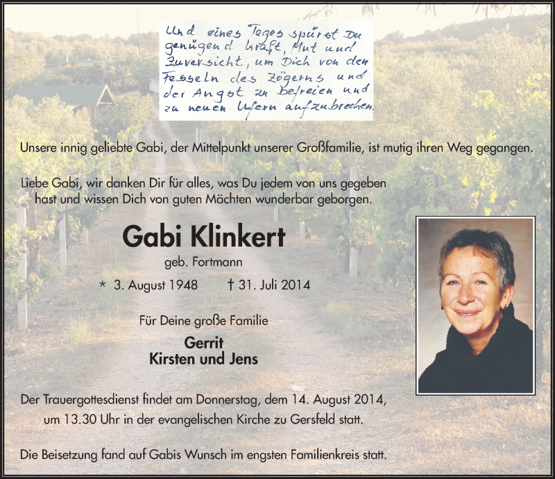  Traueranzeige für Gabi Klinkert vom 11.08.2014 aus 