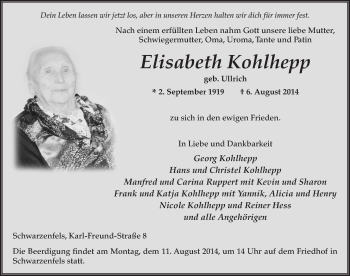 Traueranzeige von Elisabeth Kohlhepp 