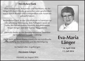 Traueranzeige von Eva-Maria Länger 