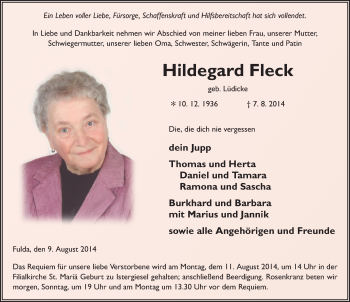 Traueranzeige von Hildegard Fleck 