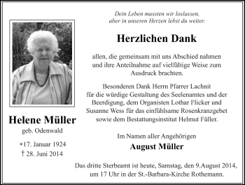 Traueranzeige von Helene Müller 