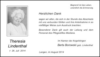 Traueranzeige von Theresia Lindenthal 