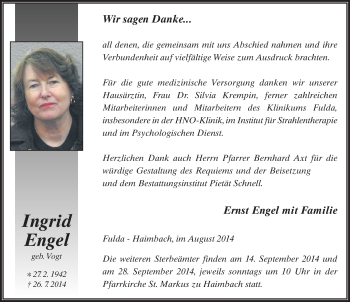 Traueranzeige von Ingrid Engel 