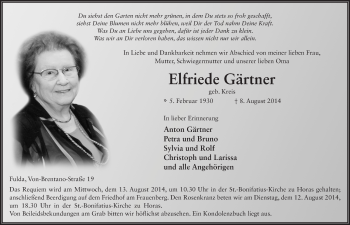 Traueranzeige von Elfriede Gärtner 