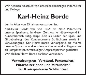 Traueranzeige von Karl-Heinz Borde 