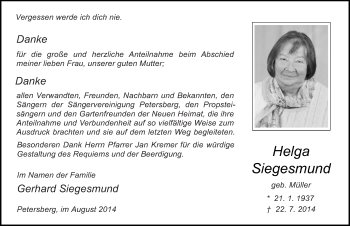 Traueranzeige von Helga Siegesmund 