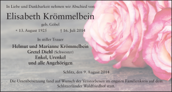 Traueranzeige von Elisabeth Krömmelbein 