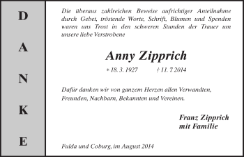 Traueranzeige von Anny Zipprich 