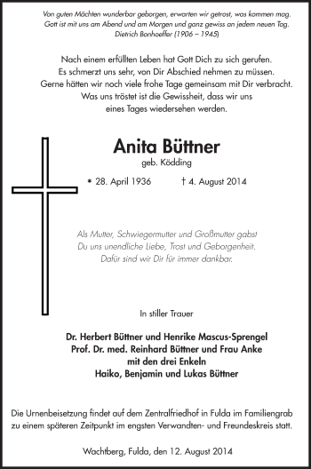 Traueranzeige von Anita Büttner 