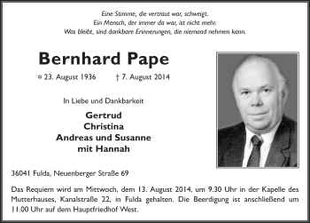 Traueranzeige von Bernhard Pape 
