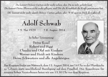 Traueranzeige von Adolf Schwab 