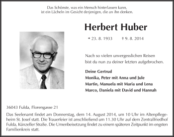 Traueranzeige von Herbert Huber 