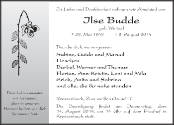 Traueranzeige von Ilse Budde 