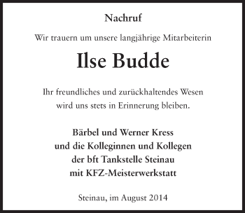 Traueranzeige von Ilse Budde 