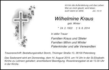 Traueranzeige von Wilhelmine Kraus 
