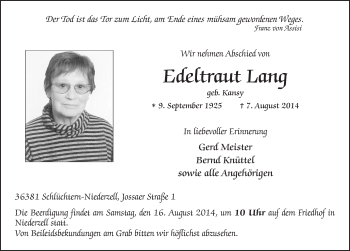 Traueranzeige von Edeltraut Lang 