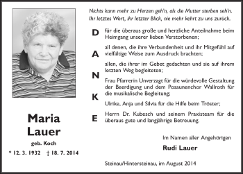 Traueranzeige von Maria Lauer 