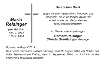 Traueranzeige von Maria Reisinger 