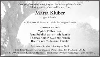 Traueranzeige von Maria Klüber 