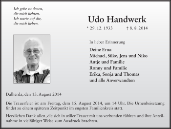 Traueranzeige von Udo Handwerk 