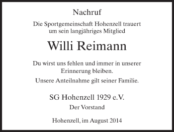 Traueranzeige von Willi Reimann 
