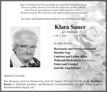 Traueranzeige von Klara Sauer 