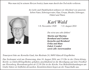 Traueranzeige von Karl Wald 