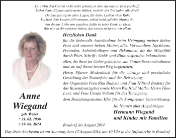Traueranzeige von Anne Wiegand 