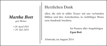 Traueranzeige von Martha Bott 
