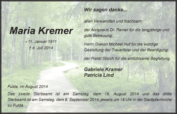 Traueranzeige von Maria Kremer 