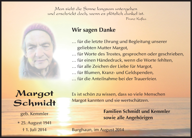 Traueranzeige für Margot Schmidt vom 15.08.2014 aus 