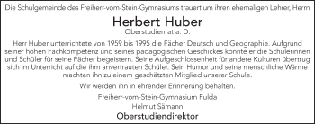 Traueranzeige von Herbert Huber 