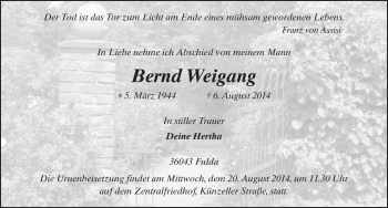 Traueranzeige von Bernd Weigang 