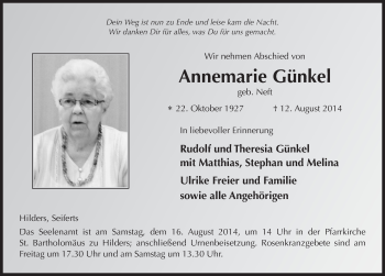 Traueranzeige von Annemarie Günkel 