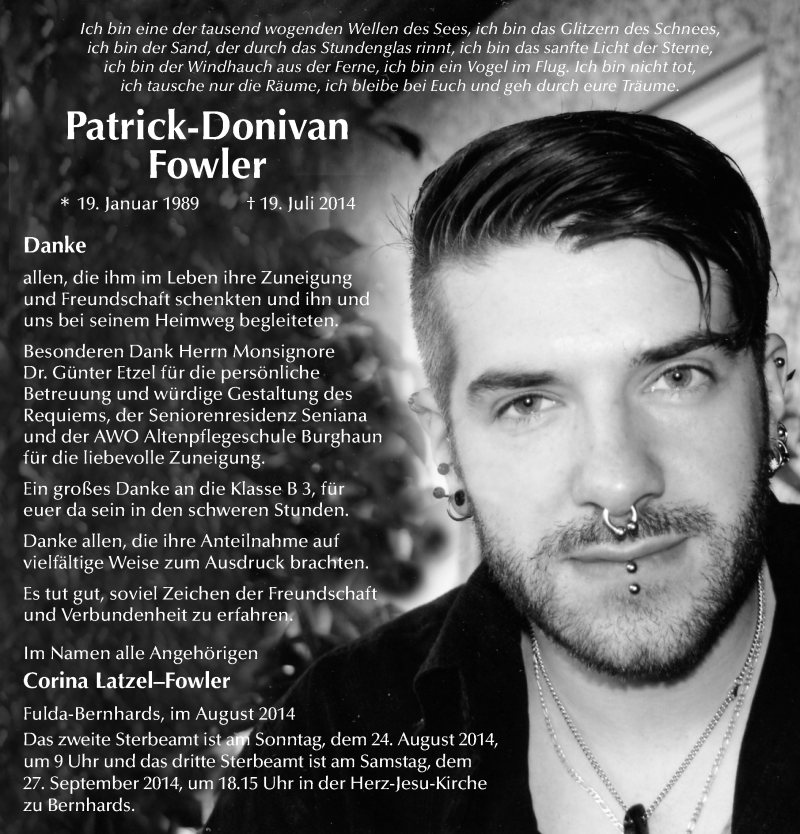  Traueranzeige für Patrick-Donivan Fowler vom 22.08.2014 aus 
